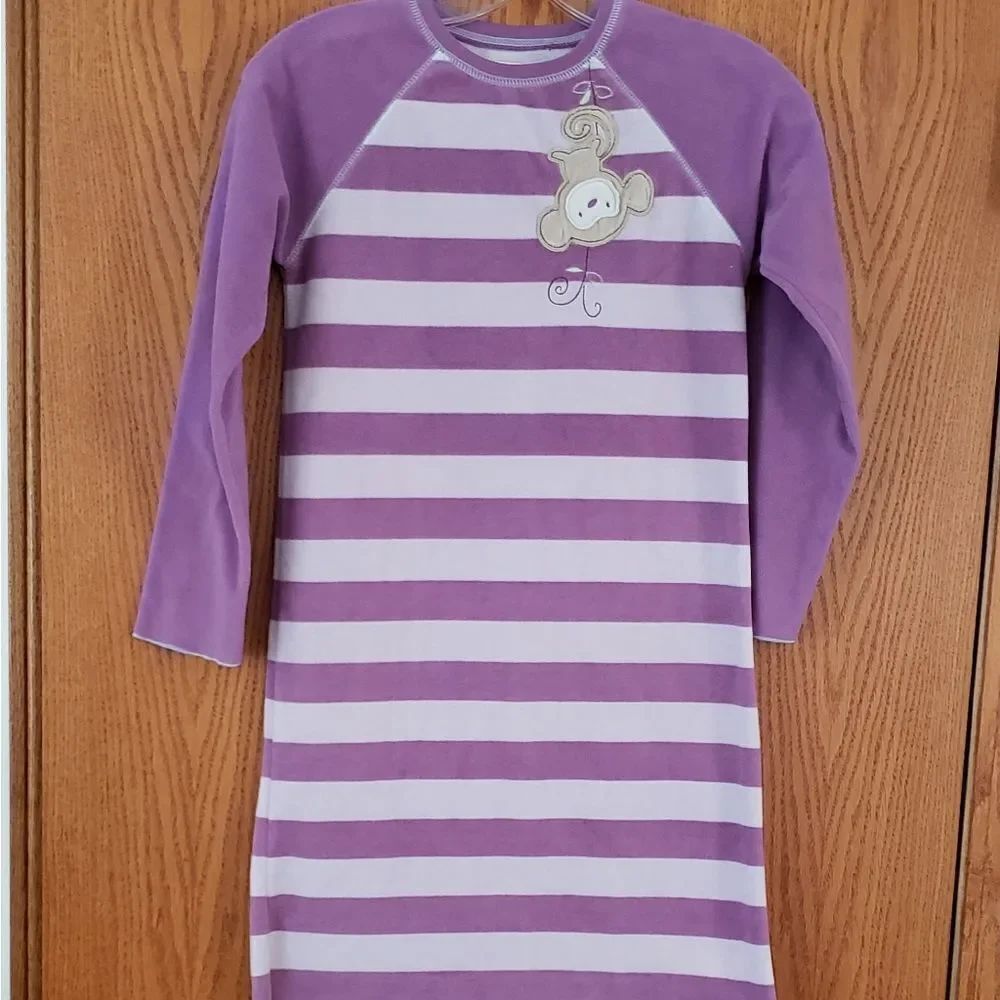 Girl's Fleece Nightgown Purple Stripes Monkey Sz L